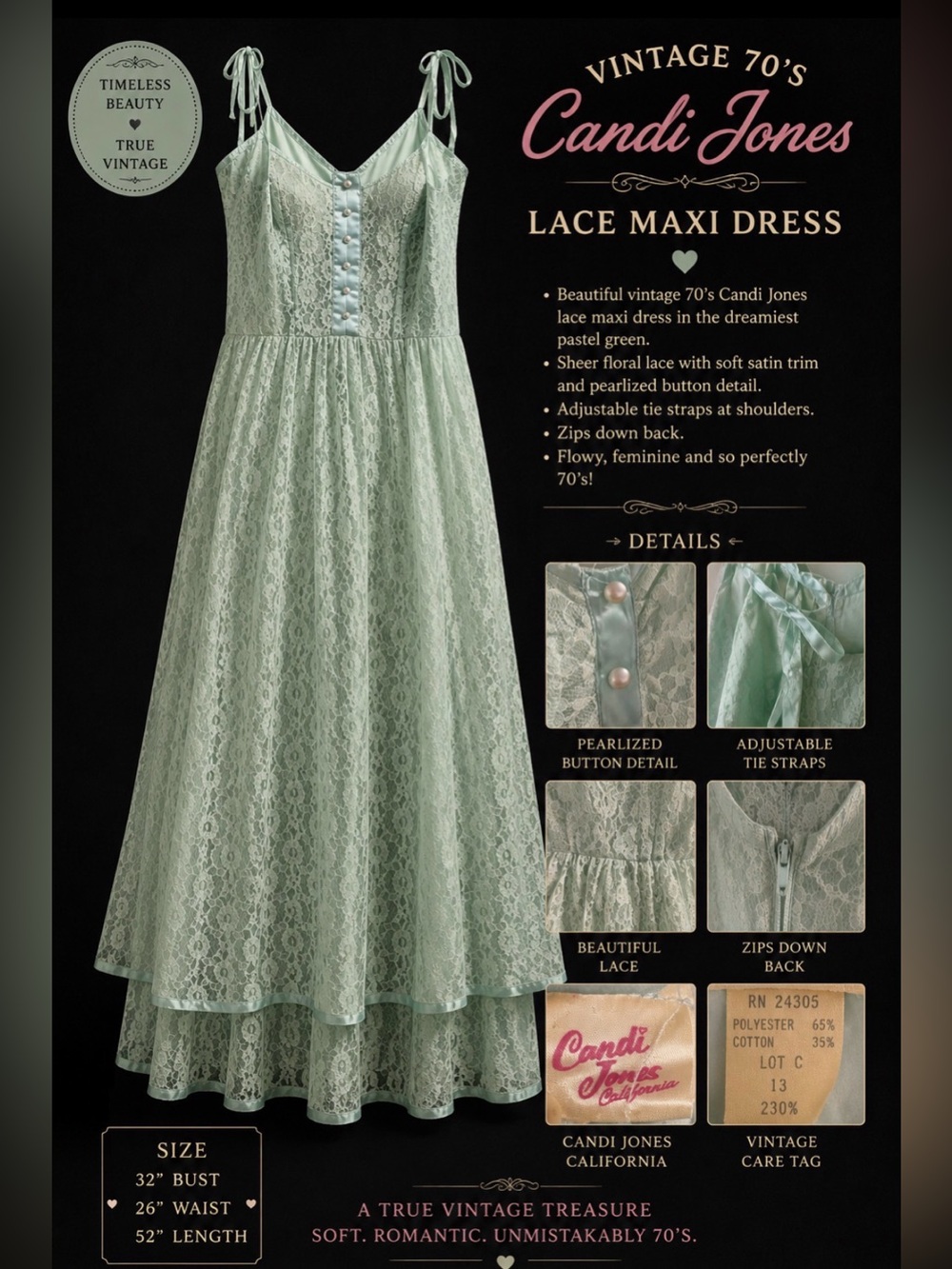 Vintage 70s -Candi Jones California /Pastel Green- Lace Maxi Dress